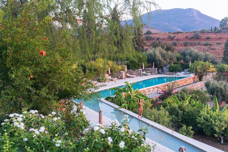 A place for soul-rich Greek retreats in the heart of the countryside: Kinsterna Hotel’s pool’s and surrounding nature in Monemvasia, Peloponnese.
