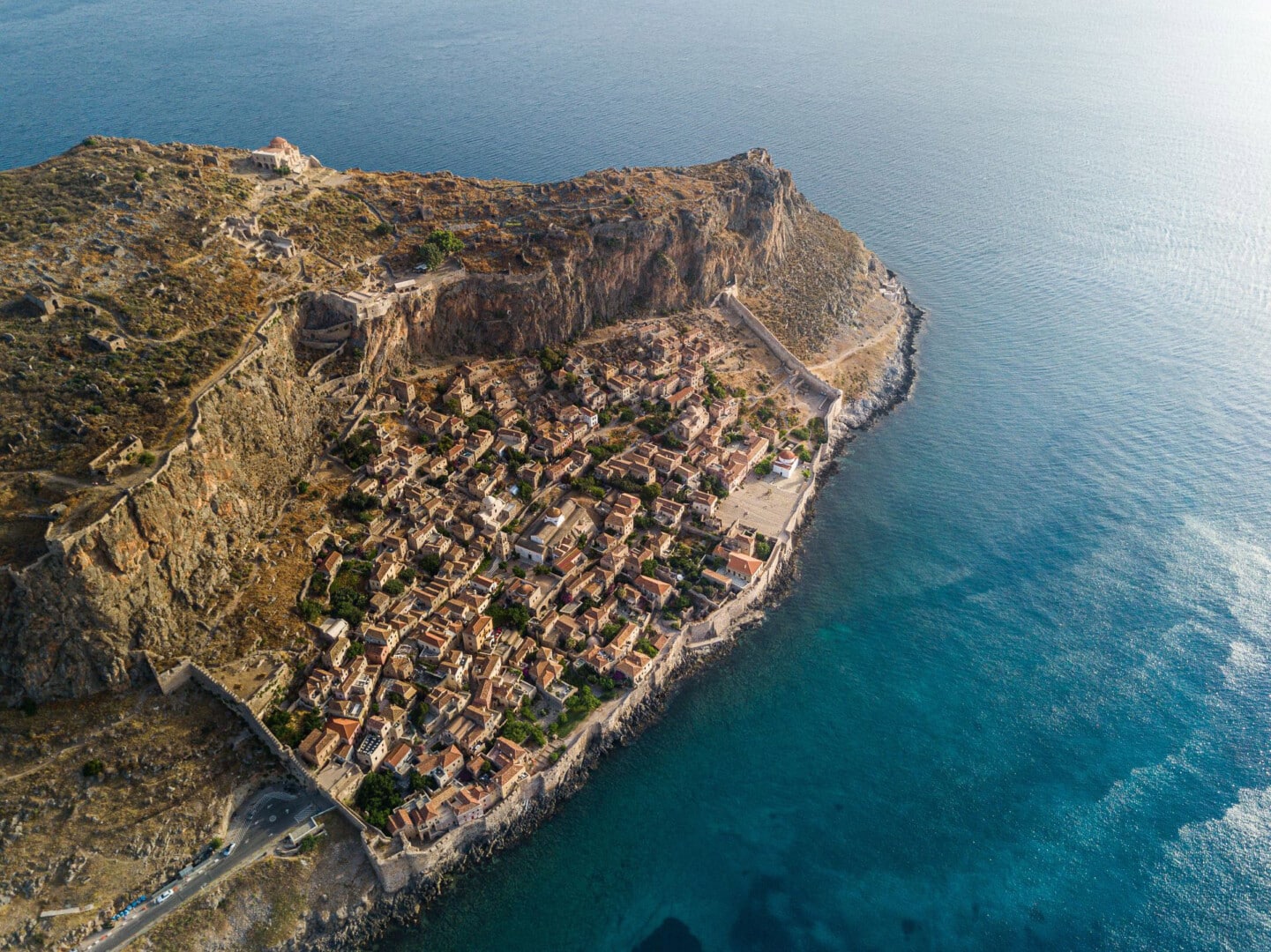 The Monemvasia rock from above, one of the most iconic medieval towns in Greece worth discovering. 
